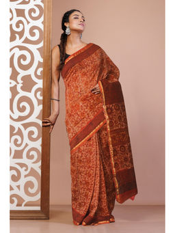 Unnati Silks - Orange Floral Block Printed Chanderi Sico Saree with Unstitched Blouse