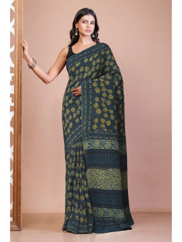 Unnati Silks - Navy Blue Ajrakh Floral Printed Soft Silk Saree with Unstitched Blouse