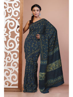 Unnati Silks - Navy Blue Floral Printed Ajrakh Soft Silk Saree with Unstitched Blouse