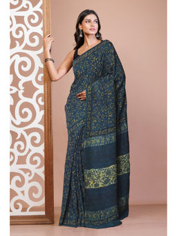 Unnati Silks - Navy Blue Soft Silk Ajrakh Floral Printed Saree with Unstitched Blouse