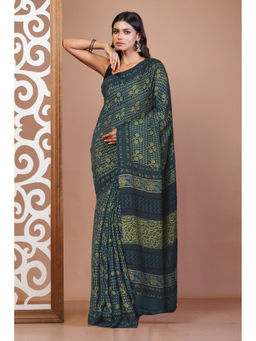 Unnati Silks - Navy Blue Ajrakh Soft Silk Floral Printed Saree with Unstitched Blouse