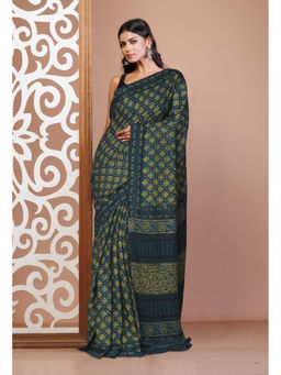 Unnati Silks - Navy Blue Ajrakh Floral Printed Soft Silk Saree with Unstitched Blouse
