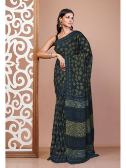 Unnati Silks - Navy Blue Ajrakh Floral Printed Soft Silk Saree with Unstitched Blouse