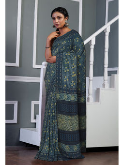 Unnati Silks - Navy Blue Ajrakh Soft Silk Floral Printed Saree with Unstitched Blouse