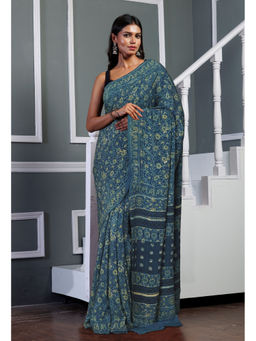 Unnati Silks - Navy Blue Floral Ajrakh Printed Soft Silk Saree Without Blouse