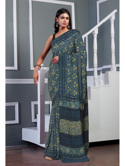 Unnati Silks - Navy Blue Ajrakh Floral Printed Soft Silk Saree with Unstitched Blouse