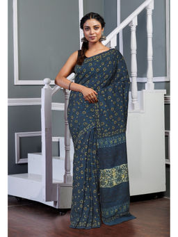 Unnati Silks - Navy Blue Ajrakh Floral Printed Soft Silk Saree with Unstitched Blouse