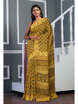Unnati Silks - Yellow Ajrakh Floral Printed Soft Silk Saree with Unstitched Blouse