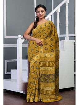 Unnati Silks - Yellow Ajrakh Floral Printed Soft Silk Saree with Unstitched Blouse