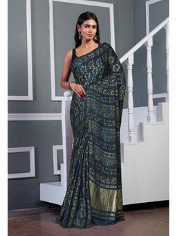 Unnati Silks - Navy Blue Ajrakh Floral Printed Gaji Soft Silk Saree with Unstitched Blouse