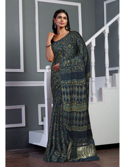 Unnati Silks - Navy Blue Ajrakh Floral Printed Gaji Soft Silk Saree with Unstitched Blouse