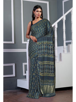 Unnati Silks - Navy Blue Ajrakh Floral Printed Gaji Soft Silk Saree with Unstitched Blouse