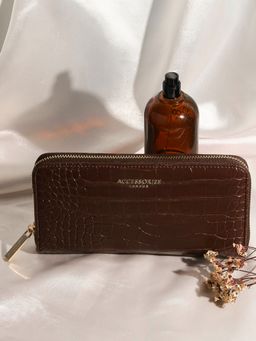 Accessorize London - Womens Faux Leather Brown Adela Croc Zip Around Large Wallet
