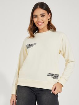 Styli - Womens Cream Typography Round Neck Sweatshirt
