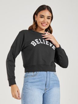 Styli - Women Black Embroidered Regular Fit Sweatshirt