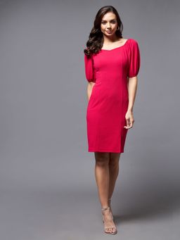 Miss Chase - Women's Dark Pink Bodycon V-Neck Half Sleeve Slim Fit Knee Length Dress