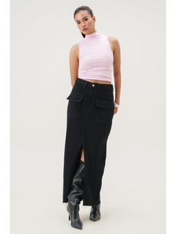 FREAKINS - Black Solid Slit Denim Skirt