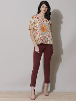 Label Ritu Kumar - Ecru Floral Printed Short Top