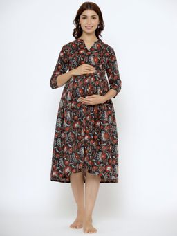 CRAFIQA - Midnight Floral Cotton Maternity Nursing Midi Dress