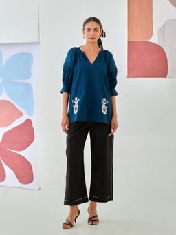 MoonTara - Teal Embroidered Top With Pant (Set of 2)