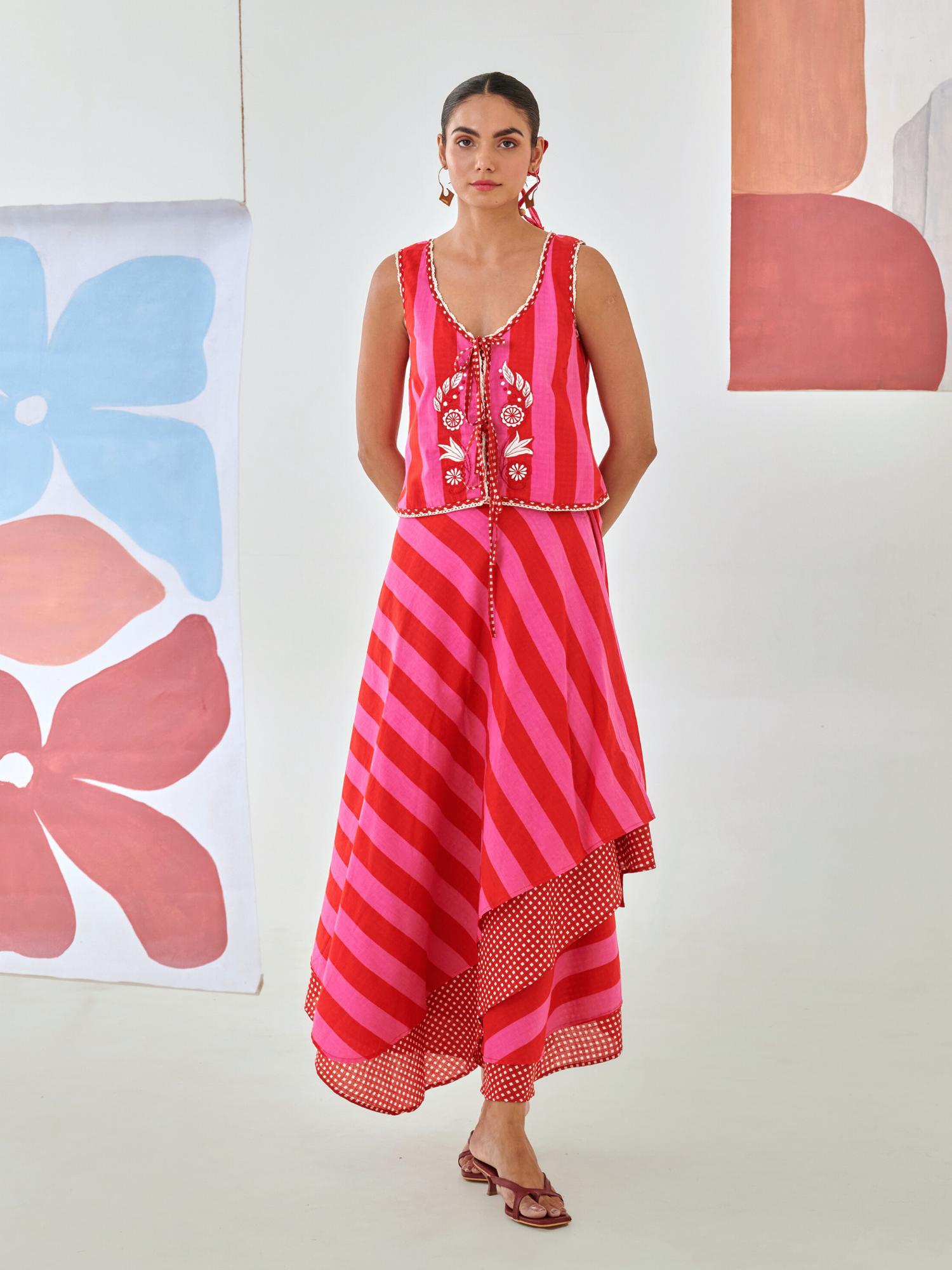 Pink Layered Skirt With Top (Set of 2)-image-0