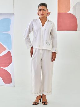 MoonTara - White Co-Ord With Floral Embroidery Detail (Set of 2)