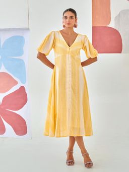 MoonTara - Yellow A Line Dress With Floral Patch Detail