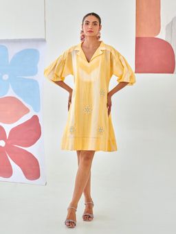 MoonTara - Yellow Check Mini Dress With Floral Embroidery Detail