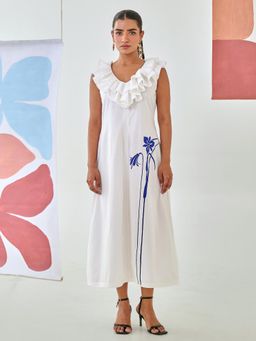 MoonTara - White A Line Dress With Ruffled Neckline & Embroidery Detail