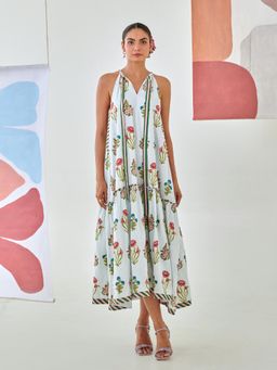 MoonTara - Aqua Floral Printed Tie Up Maxi