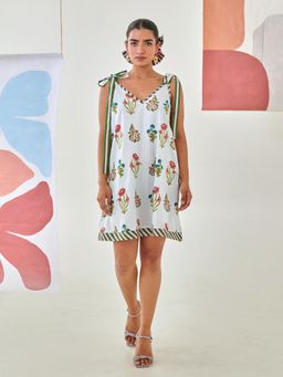 MoonTara - Aqua Floral Printed Short Dress With Tie Up Detail