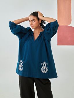MoonTara - Teal Embroidered Top With Puff Sleeves