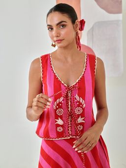MoonTara - Pink Striped Top With Embroidery Detail