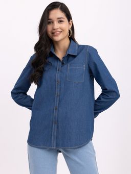 FableStreet - Denim Collared Shirt - Navy Blue