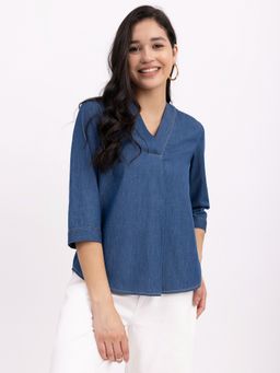 FableStreet - Denim V-Neck Top - Navy Blue