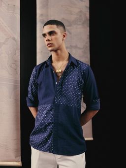 Twenty Nine - Men's Navy Blue Silk Polka Dots Kurta Shirt
