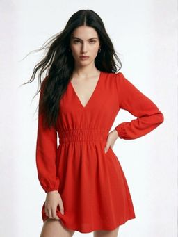 Outzidr - Rust Polyester Solid Dress