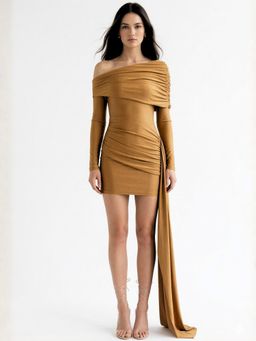 Outzidr - Brown Polyester Solid Dress