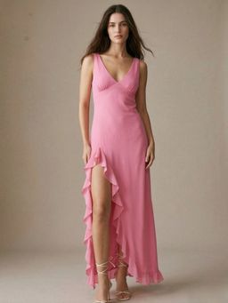 Outzidr - Pink Polyester Solid Dress