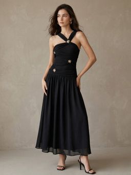Outzidr - Black Polyester Solid Dress