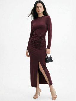 Outzidr - Wine Polyester Solid Dress