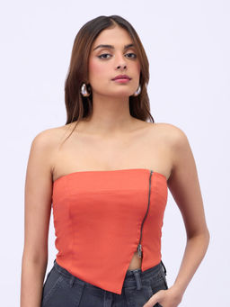 MIXT by Nykaa Fashion - Rust Solid Front Zipper Asymmetric Tube Top