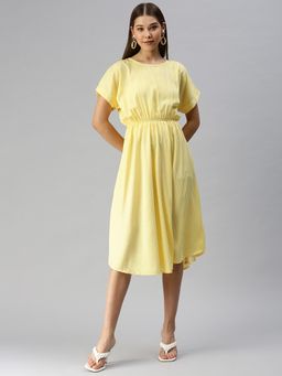 SHOWOFF - Women Yellow Stripes Round Neck A-Line Dress