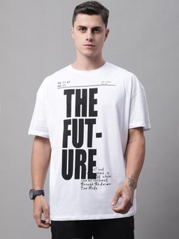 DOOR74 - Men Future Printed White Color Oversize Fit T-Shirt