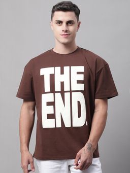 DOOR74 - Men The End Printed Brown Color Oversize Fit T-Shirt
