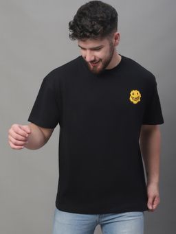 DOOR74 - Men Happiness Printed Black Color Oversize Fit T-Shirt