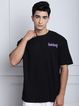 DOOR74 - Men Black Lets Escape From Reality Puff Print Premium Oversize T-Shirt