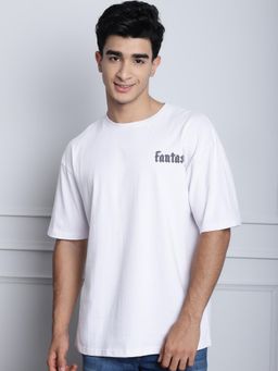 DOOR74 - Men Off White Lets Escape From Reality Puff Print Premium Oversize T-Shirt