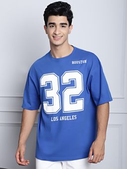 DOOR74 - Men 32 Los Angeles Printed Royal Blue Color Oversized T-Shirt