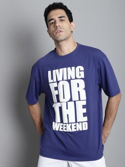 DOOR74 - Men Purple Living for The Weekend Premium Printed Oversize T-Shirt